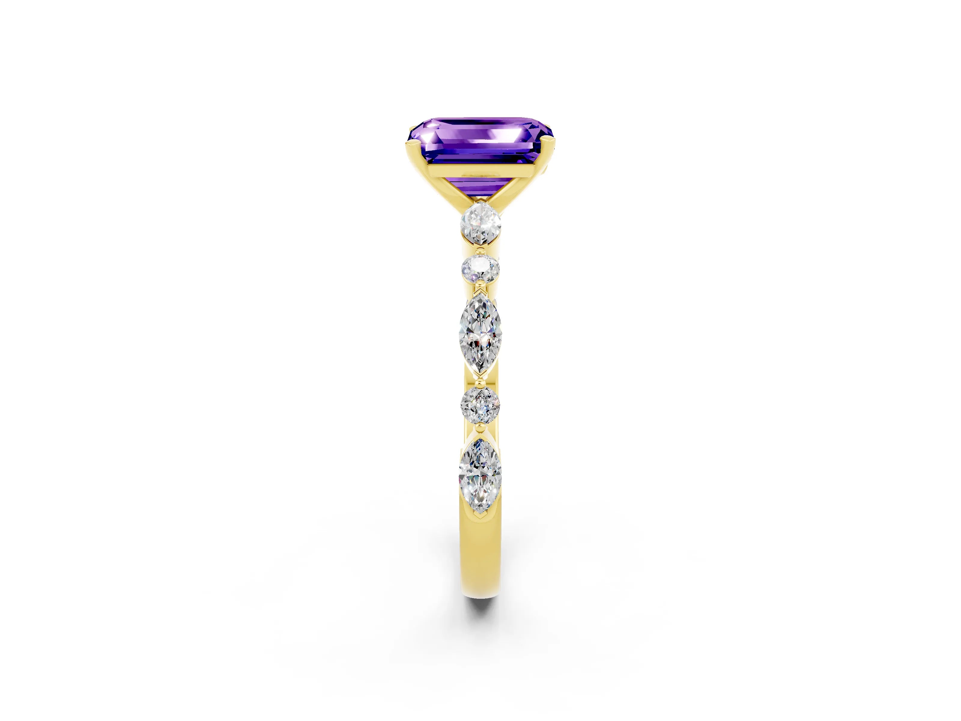 Yellow gold Emerald Cut Tanzanite Solitaire with Side Stones on a Pavé Band and Four-Prong Setting_2