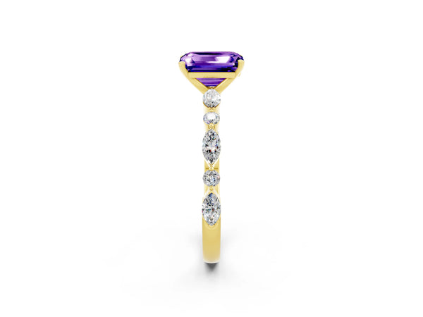 Yellow gold Emerald Cut Tanzanite Ring with Marquise and Round  Side Stones and Four-Prong Setting