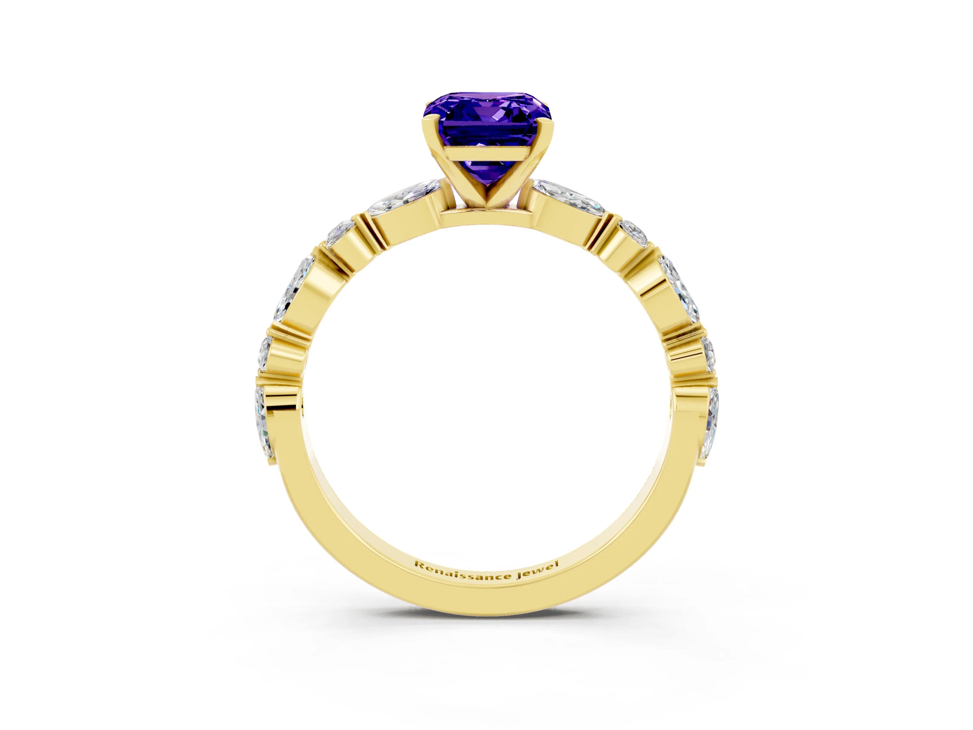 Yellow gold Emerald Cut Tanzanite Solitaire with Side Stones on a Pavé Band and Four-Prong Setting_3