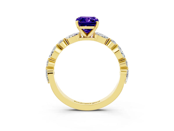 Yellow gold Emerald Cut Tanzanite Ring with Marquise and Round  Side Stones and Four-Prong Setting