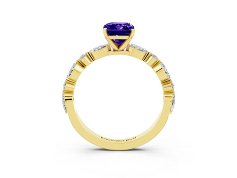 Yellow gold Emerald Cut Tanzanite Solitaire with Side Stones on a Pavé Band and Four-Prong Setting_3