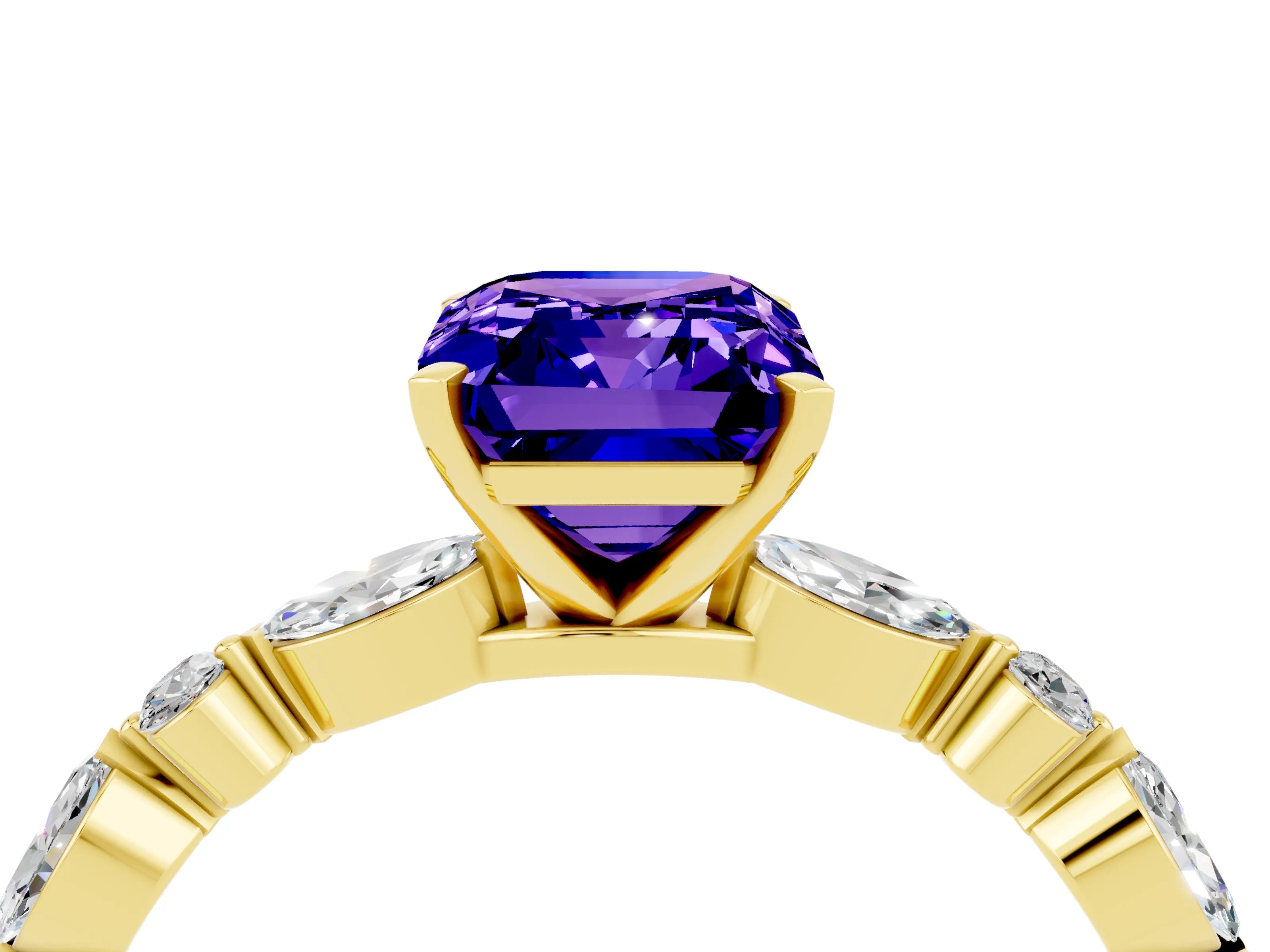 Yellow gold Emerald Cut Tanzanite Solitaire with Side Stones on a Pavé Band and Four-Prong Setting_4