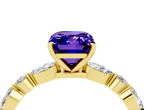 Yellow gold Emerald Cut Tanzanite Solitaire with Side Stones on a Pavé Band and Four-Prong Setting_4