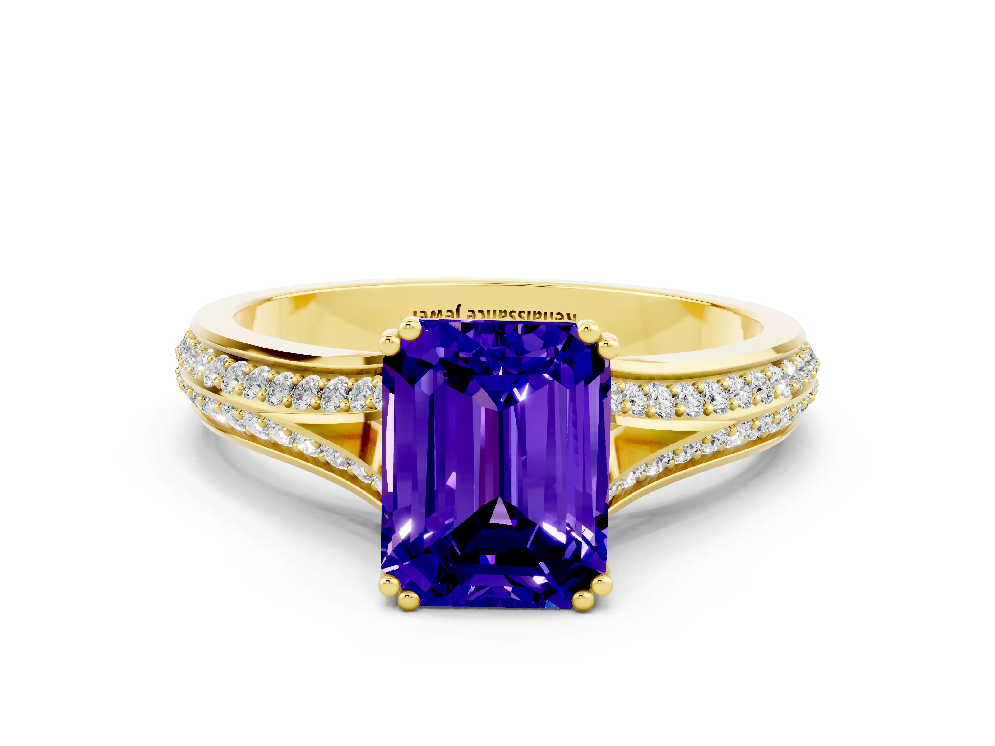 Yellow gold Emerald Cut Tanzanite Split Shank Engagement Ring with Pavé Band