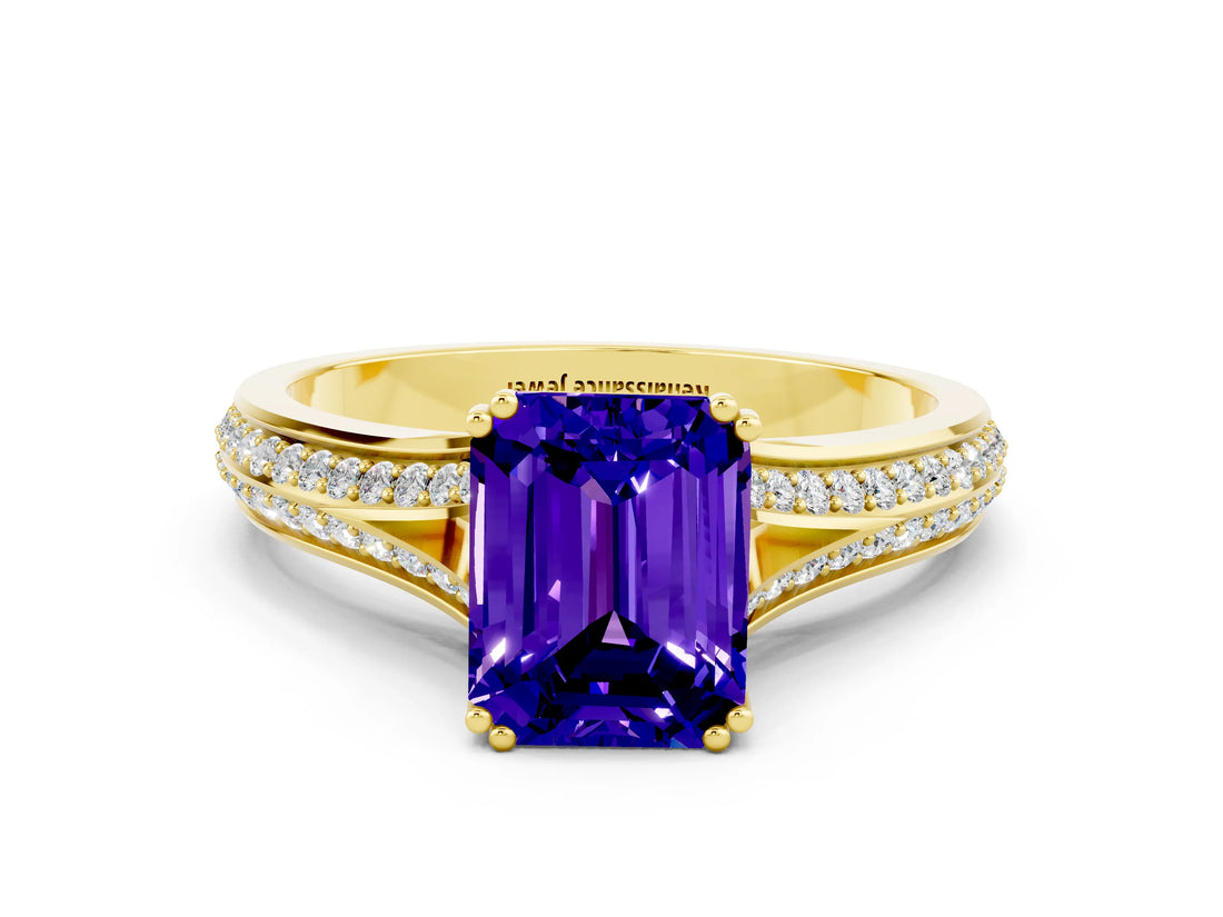 Yellow gold Emerald Cut Tanzanite Split Shank Engagement Ring with Pavé Band