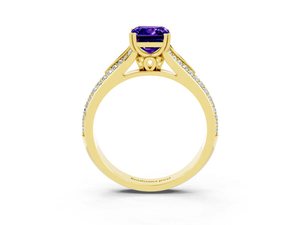 Yellow gold Emerald Cut Tanzanite Split Shank Engagement Ring with Pavé Band