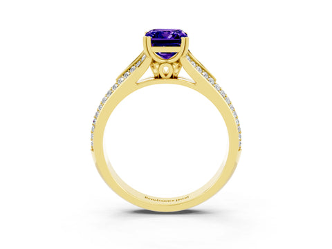 Yellow gold Emerald Cut Tanzanite Split Shank Engagement Ring with Pavé Band_3