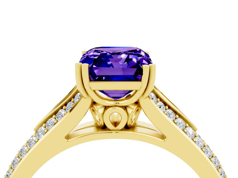 Yellow gold Emerald Cut Tanzanite Split Shank Engagement Ring with Pavé Band_4