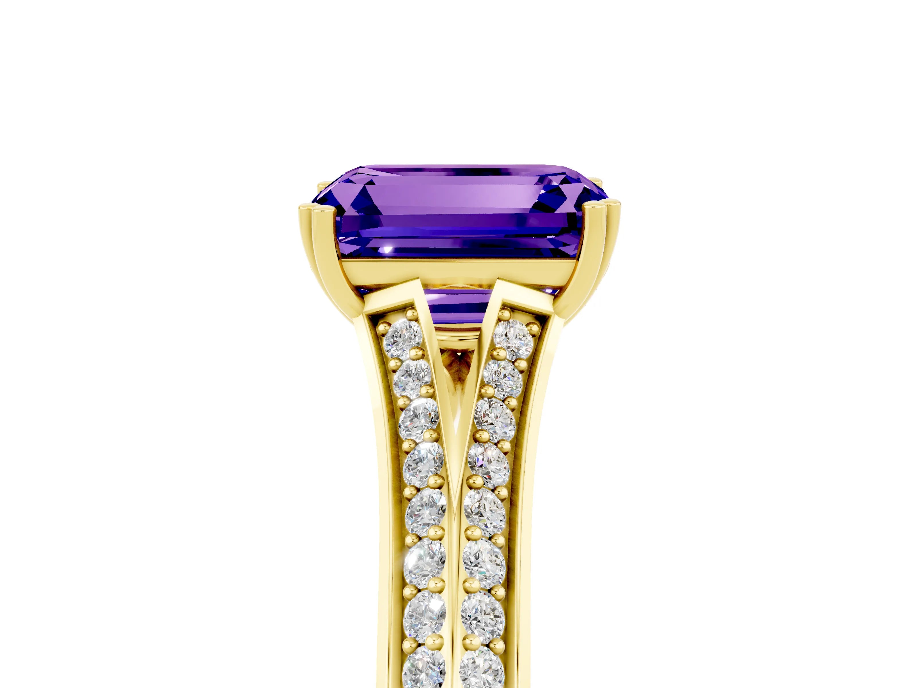 Yellow gold Emerald Cut Tanzanite Split Shank Engagement Ring with Pavé Band_5