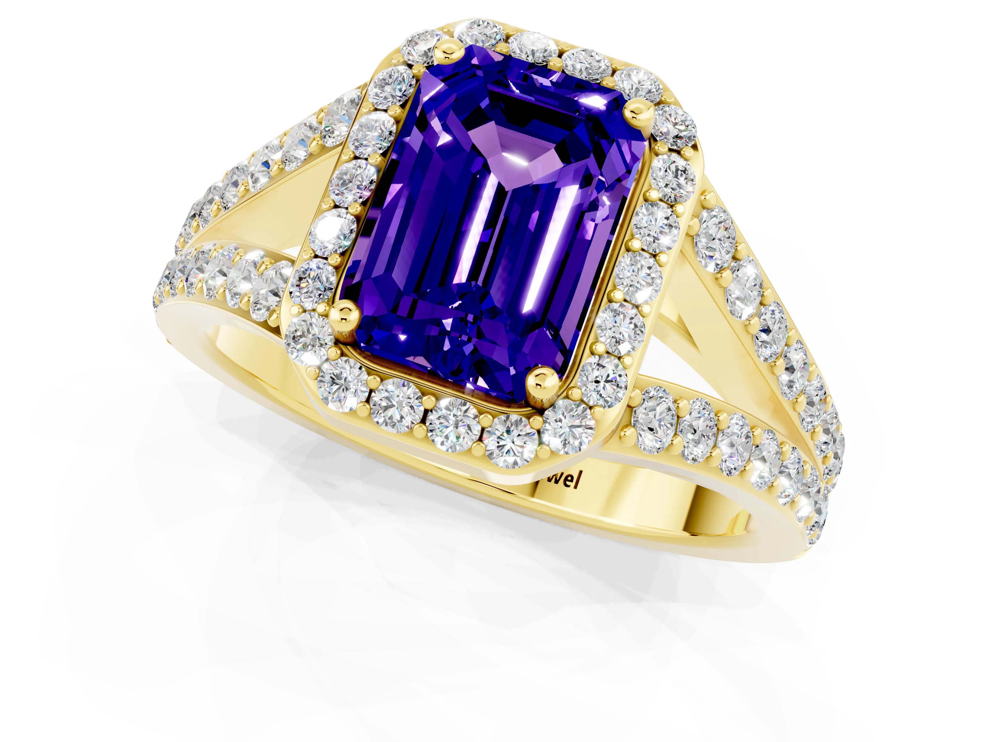 Yellow gold Emerald Cut Tanzanite Split Shank Halo Ring with Four-Prong Setting_13