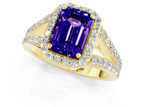 Yellow gold Emerald Cut Tanzanite Split Shank Halo Ring with Four-Prong Setting_13