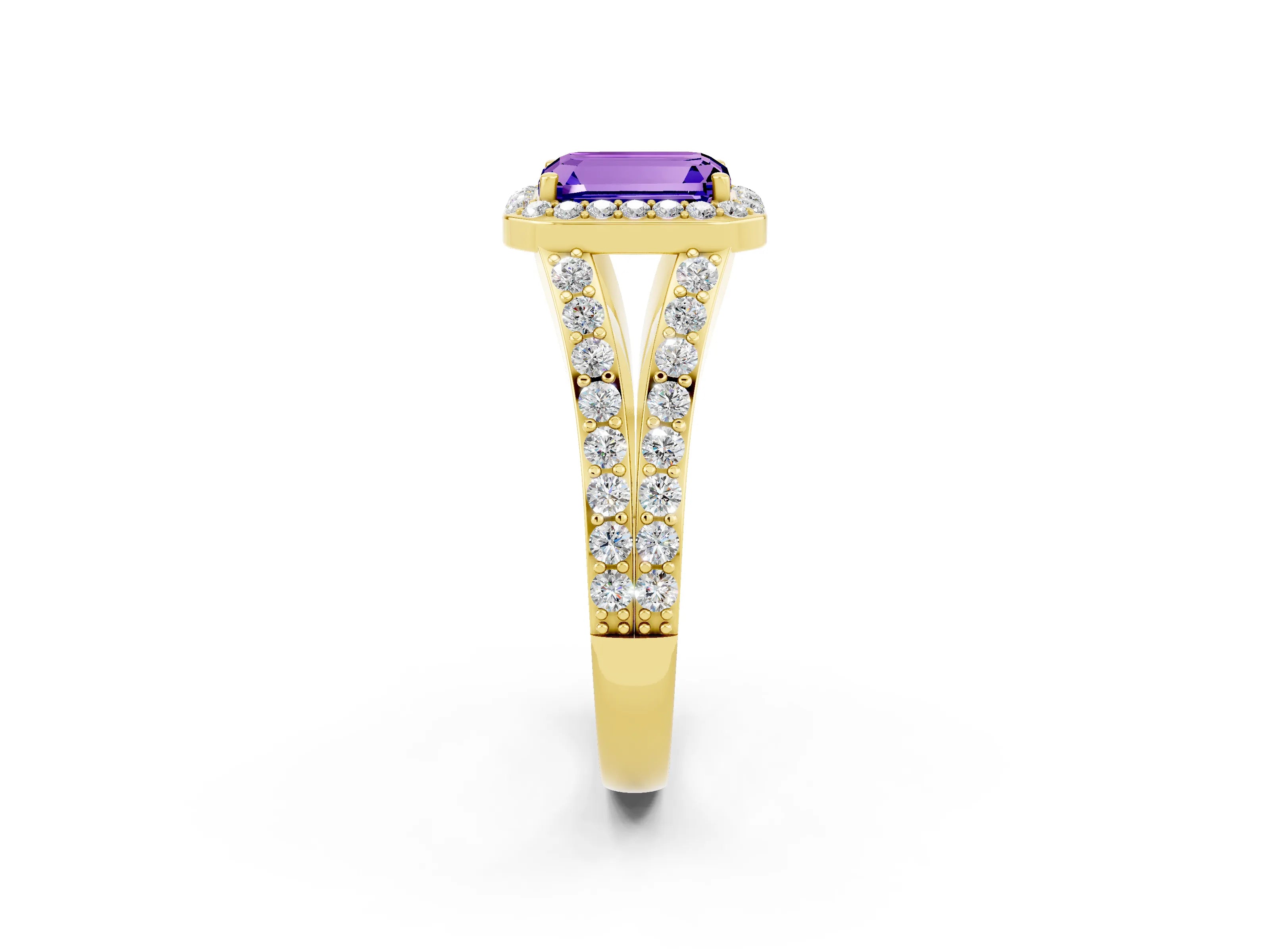 Yellow gold Emerald Cut Tanzanite Split Shank Halo Ring with Four-Prong Setting_14