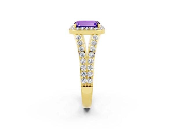 Yellow gold Emerald Cut Tanzanite Split Shank Halo Ring with Four-Prong Setting