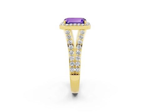 Yellow gold Emerald Cut Tanzanite Split Shank Halo Ring with Four-Prong Setting_14