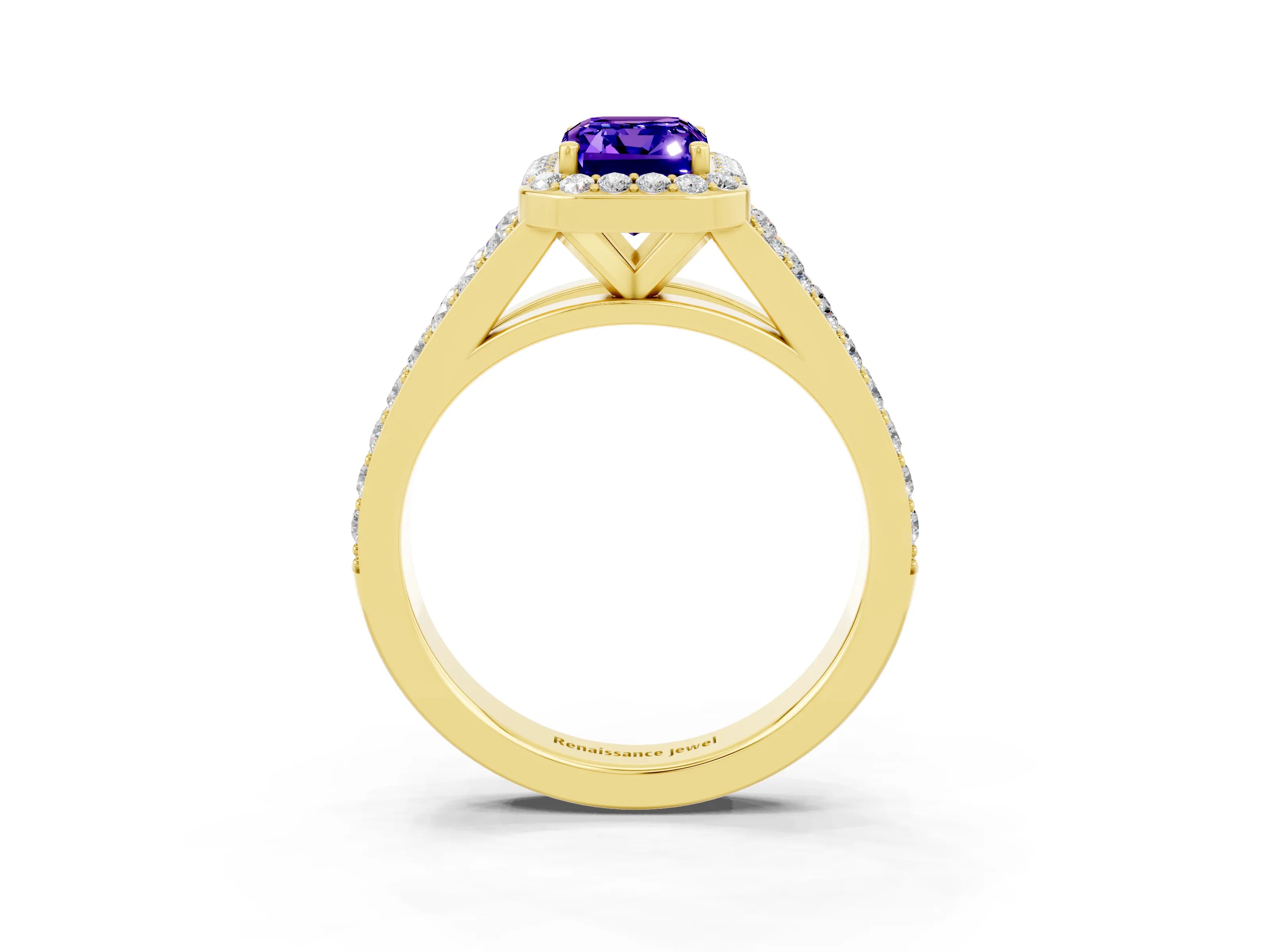 Yellow gold Emerald Cut Tanzanite Split Shank Halo Ring with Four-Prong Setting_15