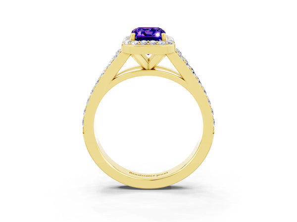 Yellow gold Emerald Cut Tanzanite Split Shank Halo Ring with Four-Prong Setting