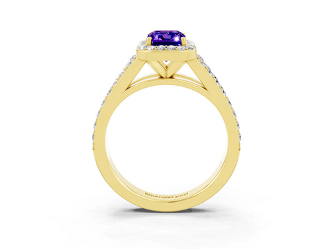 Yellow gold Emerald Cut Tanzanite Split Shank Halo Ring with Four-Prong Setting_15