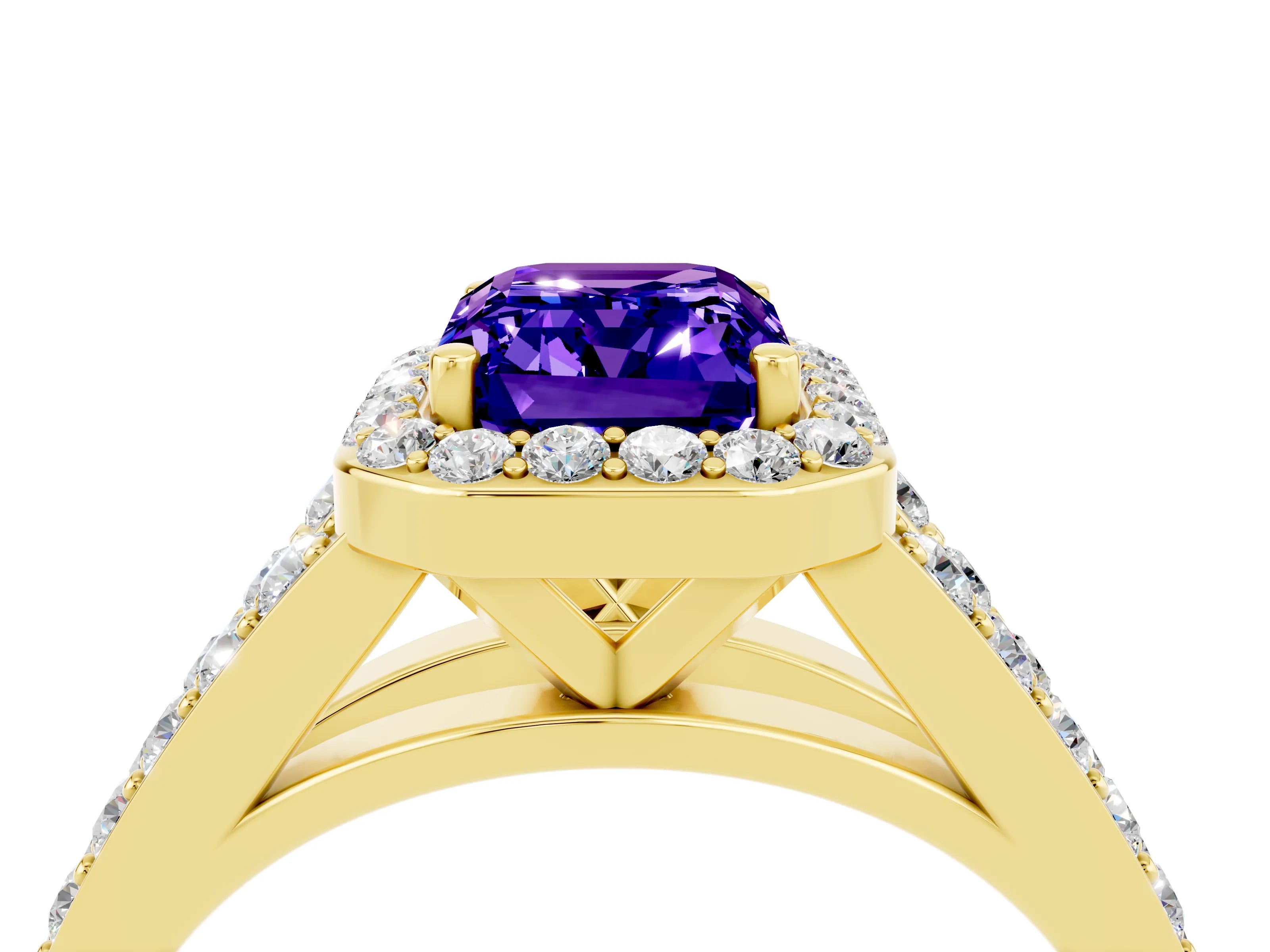 Yellow gold Emerald Cut Tanzanite Split Shank Halo Ring with Four-Prong Setting_16
