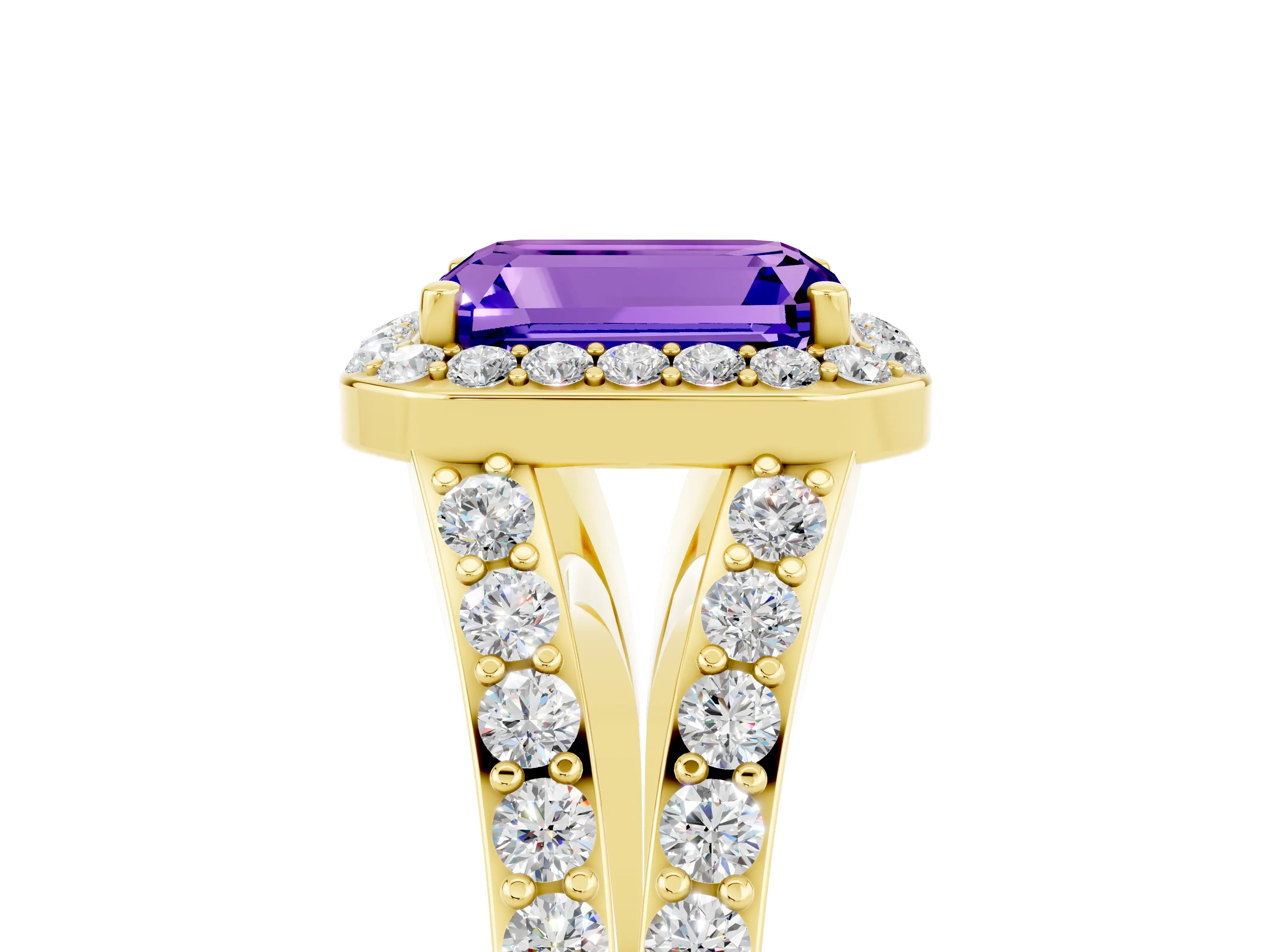 Yellow gold Emerald Cut Tanzanite Split Shank Halo Ring with Four-Prong Setting_17