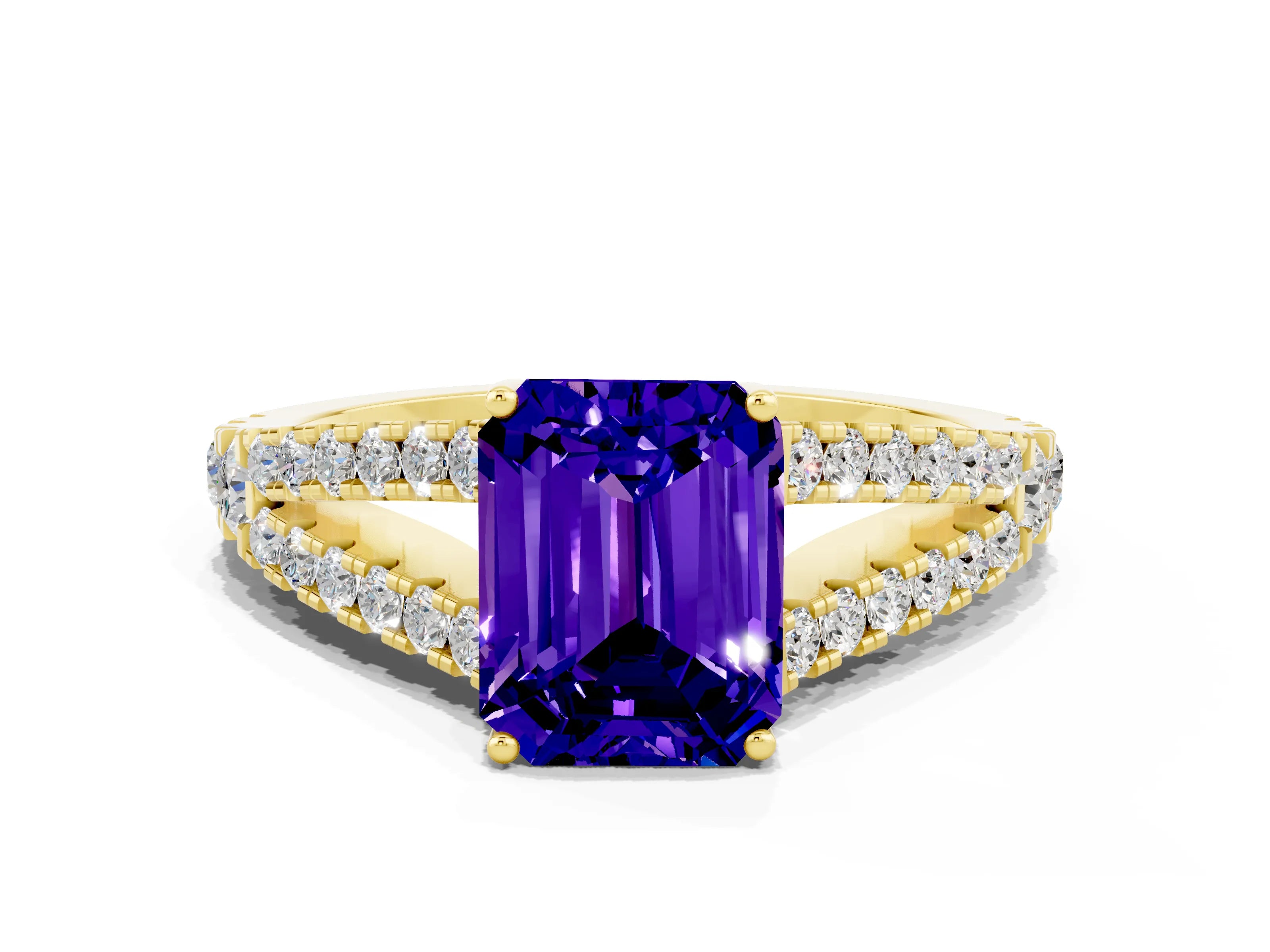 Yellow gold Emerald Cut Tanzanite Split Shank Pavé Engagement Ring with Four-Prong Setting_33