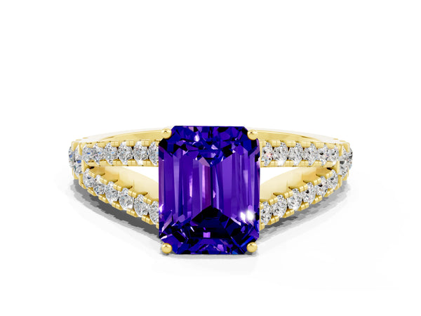 Yellow gold Emerald Cut Tanzanite Split Shank Pavé Engagement Ring with Four-Prong Setting