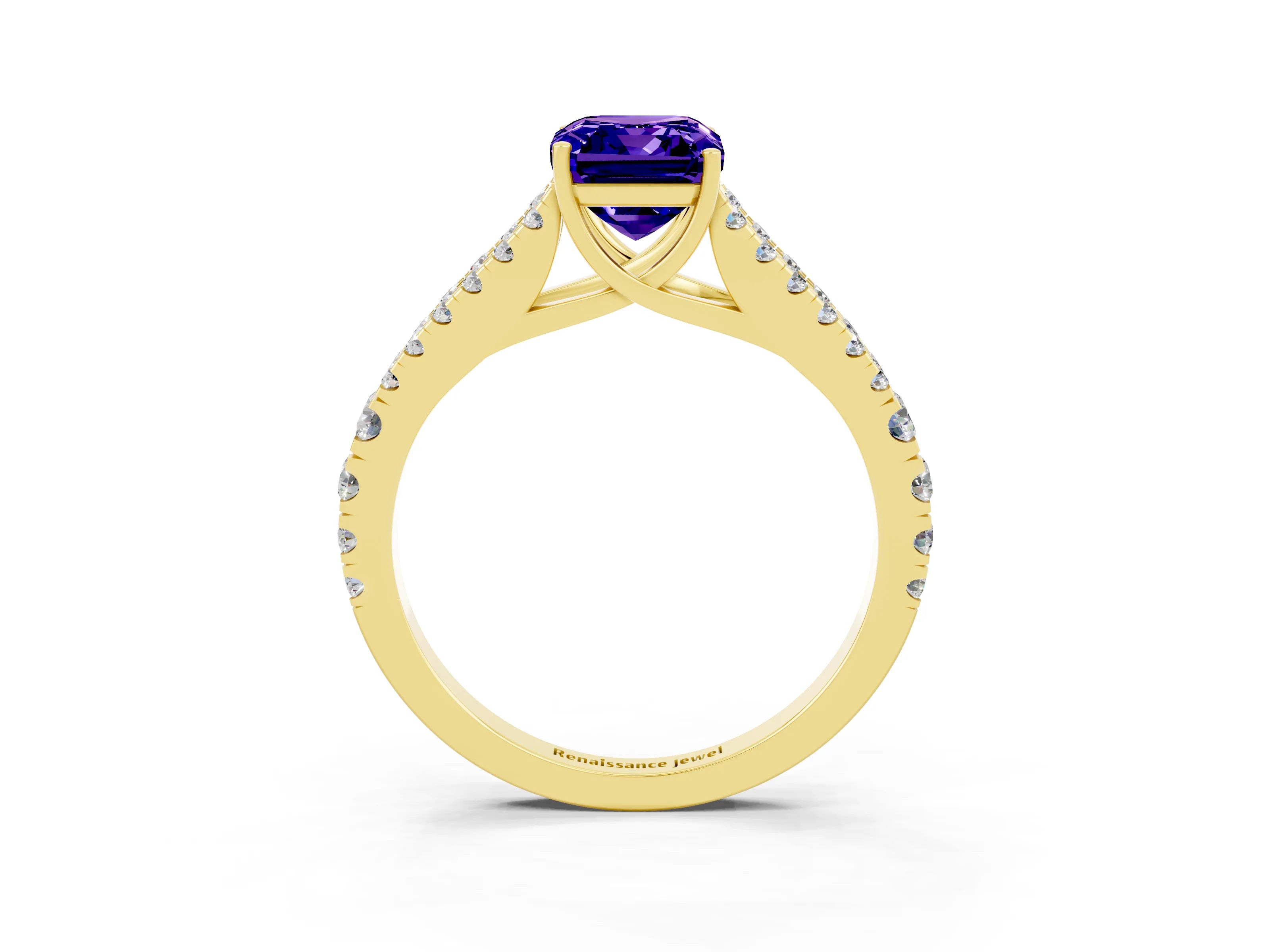 Yellow gold Emerald Cut Tanzanite Split Shank Pavé Engagement Ring with Four-Prong Setting_36