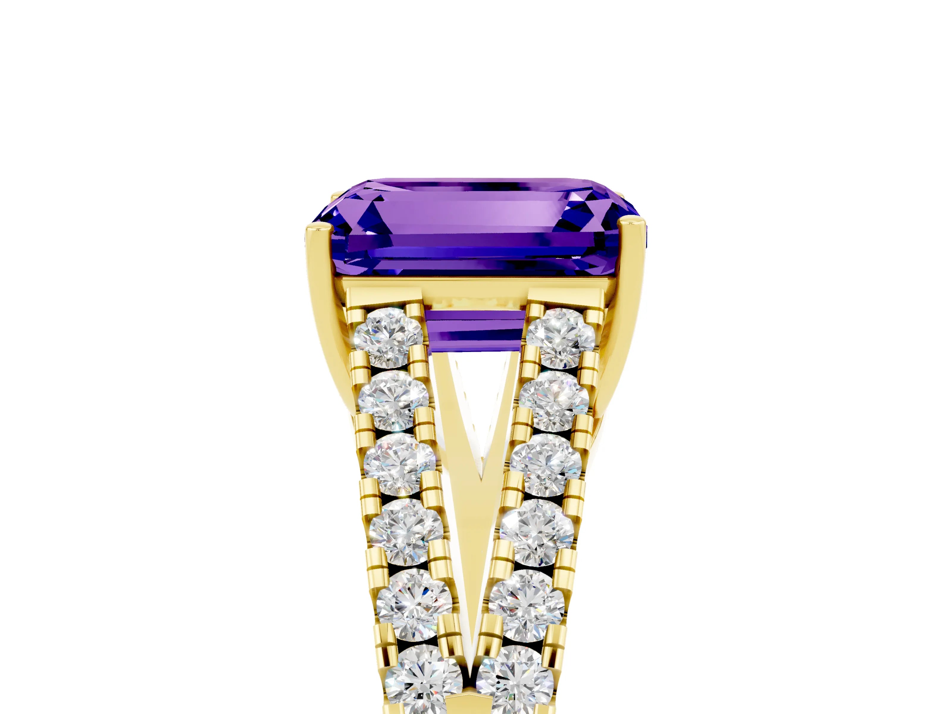 Yellow gold Emerald Cut Tanzanite Split Shank Pavé Engagement Ring with Four-Prong Setting_38