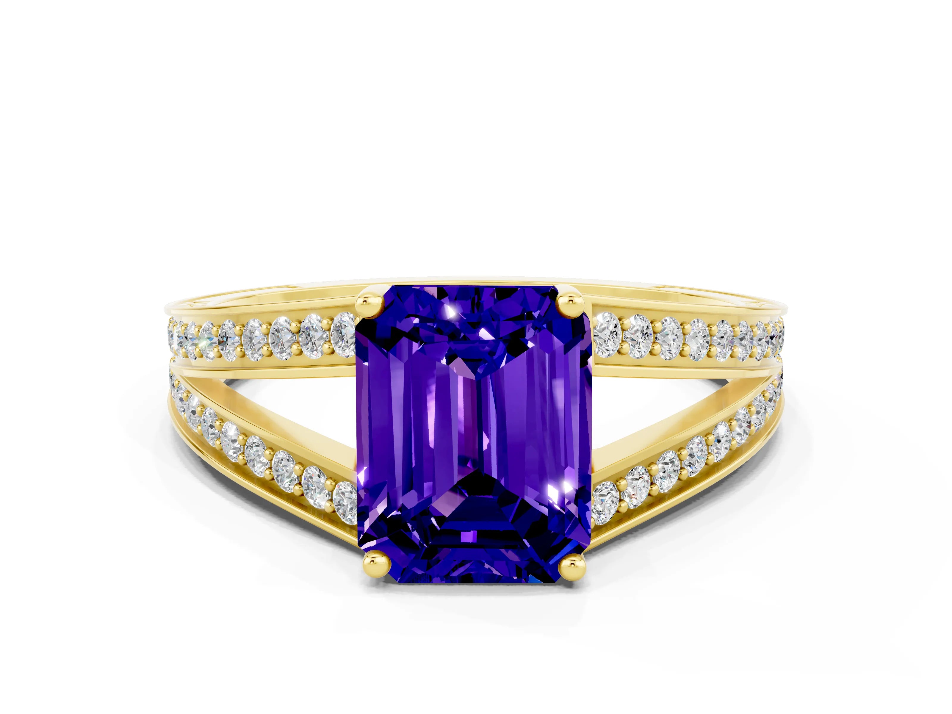 Yellow gold Emerald Cut Tanzanite Split Shank Ring with Pavé Band and Four-Prong Setting