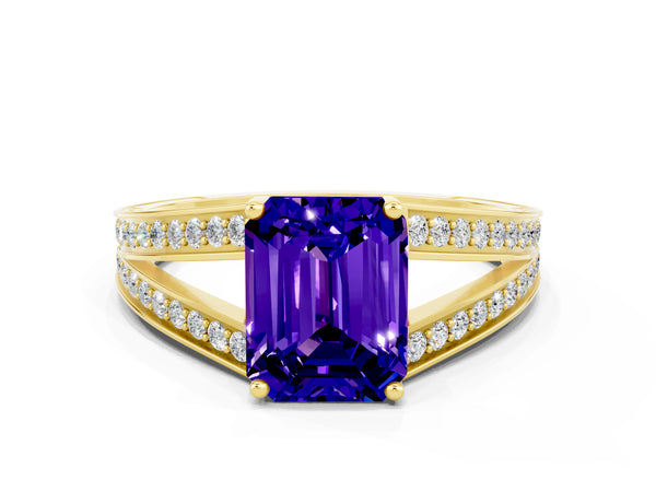 Yellow gold Emerald Cut Tanzanite Split Shank Ring with Pavé Band and Four-Prong Setting