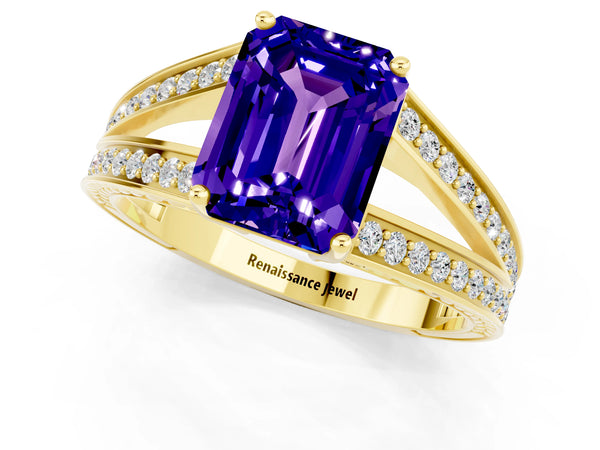 Yellow gold Emerald Cut Tanzanite Split Shank Ring with Pavé Band and Four-Prong Setting