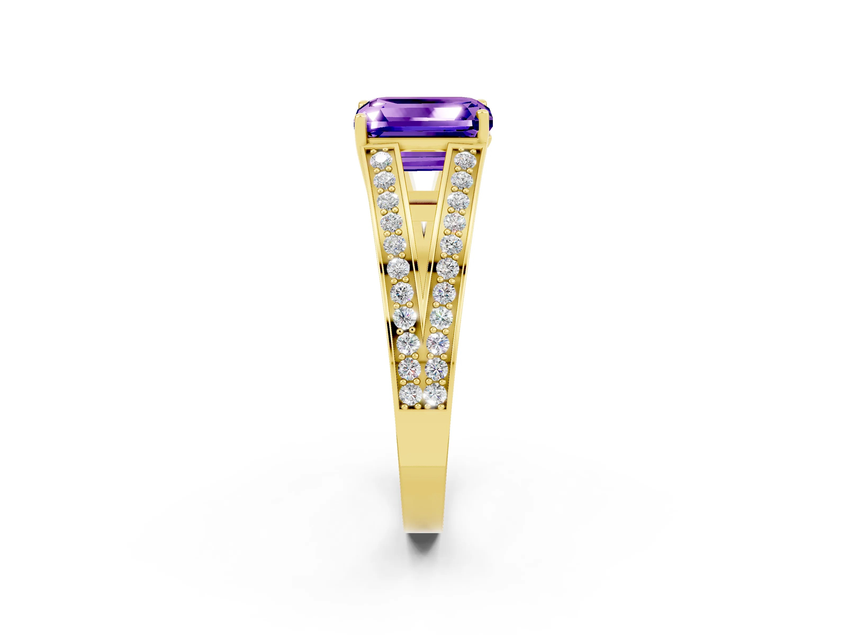 Yellow gold Emerald Cut Tanzanite Split Shank Ring with Pavé Band and Four-Prong Setting_2