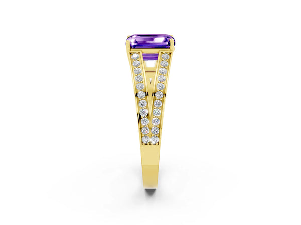 Yellow gold Emerald Cut Tanzanite Split Shank Ring with Pavé Band and Four-Prong Setting