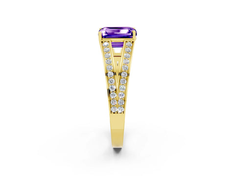 Yellow gold Emerald Cut Tanzanite Split Shank Ring with Pavé Band and Four-Prong Setting_2