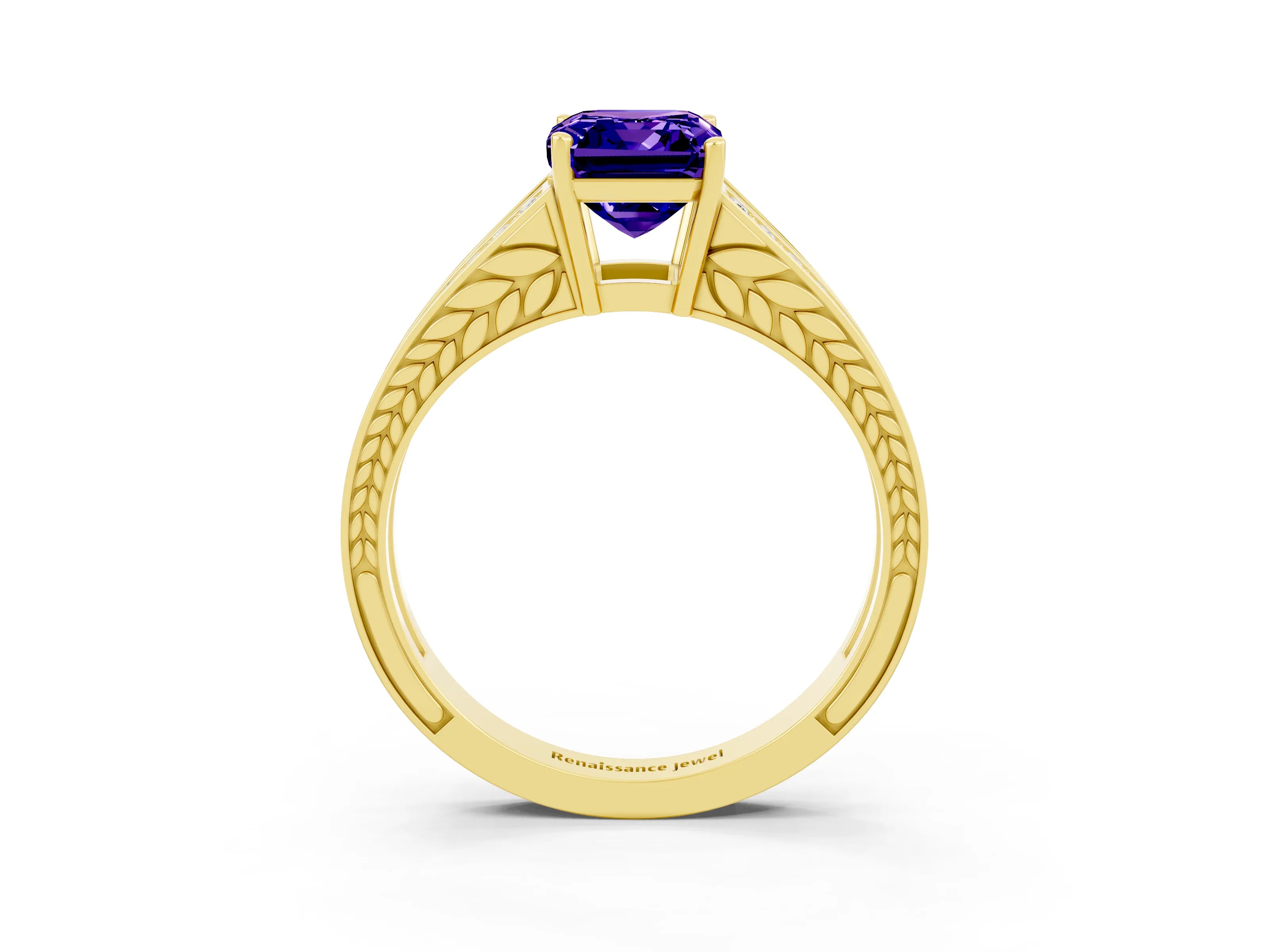 Yellow gold Emerald Cut Tanzanite Split Shank Ring with Pavé Band and Four-Prong Setting_3