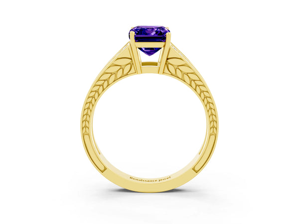 Yellow gold Emerald Cut Tanzanite Split Shank Ring with Pavé Band and Four-Prong Setting