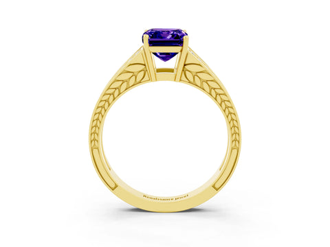 Yellow gold Emerald Cut Tanzanite Split Shank Ring with Pavé Band and Four-Prong Setting_3