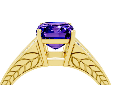 Yellow gold Emerald Cut Tanzanite Split Shank Ring with Pavé Band and Four-Prong Setting_4