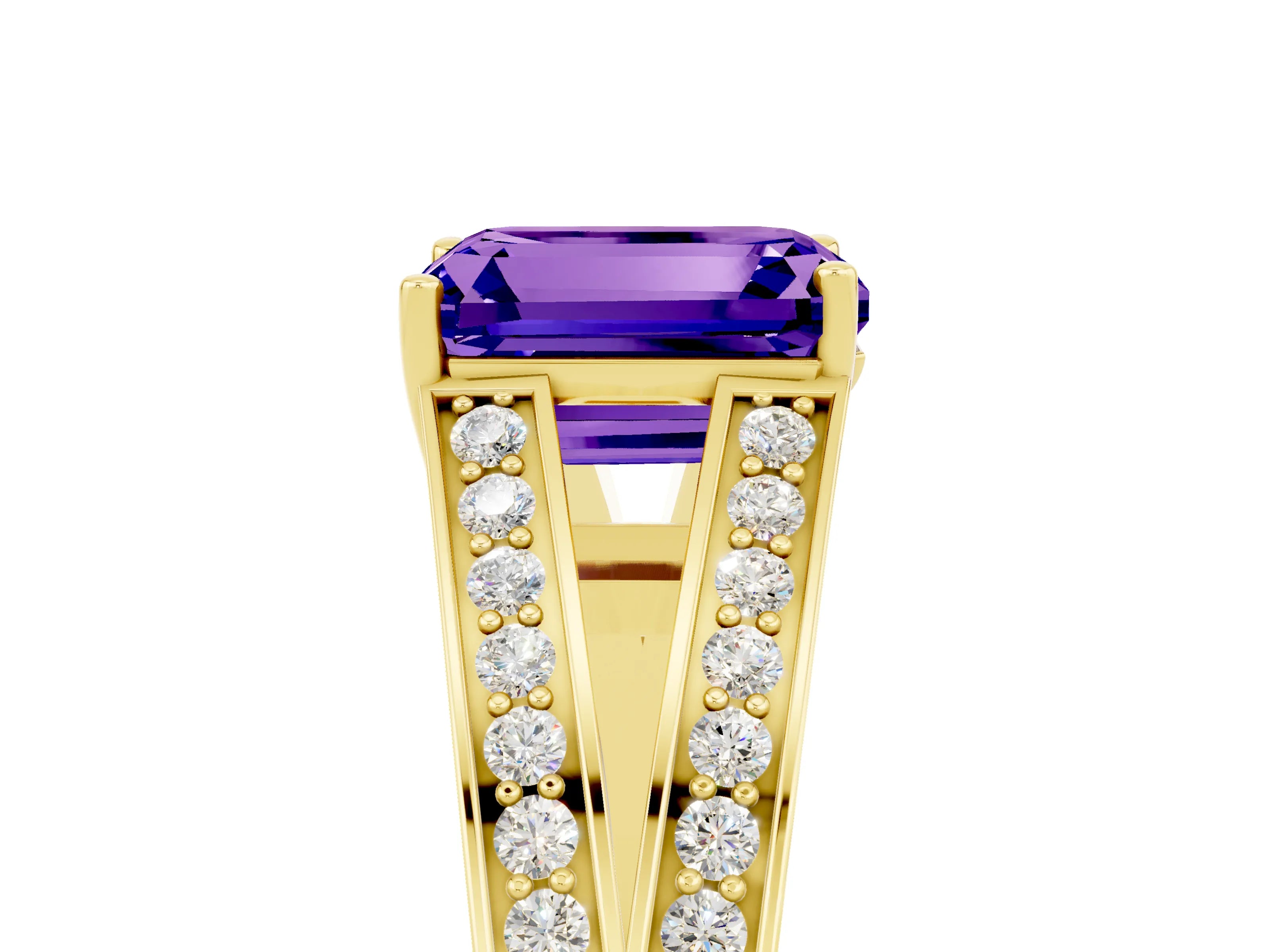 Yellow gold Emerald Cut Tanzanite Split Shank Ring with Pavé Band and Four-Prong Setting_5