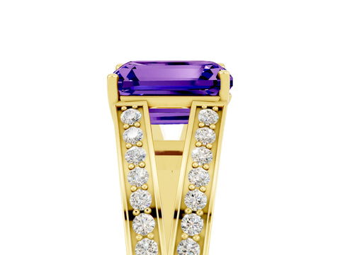 Yellow gold Emerald Cut Tanzanite Split Shank Ring with Pavé Band and Four-Prong Setting_5