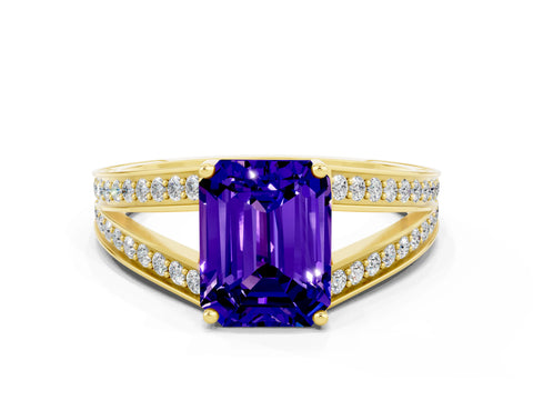 Yellow gold Emerald Cut Tanzanite Split Shank Ring with Pavé Band and Four-Prong Setting