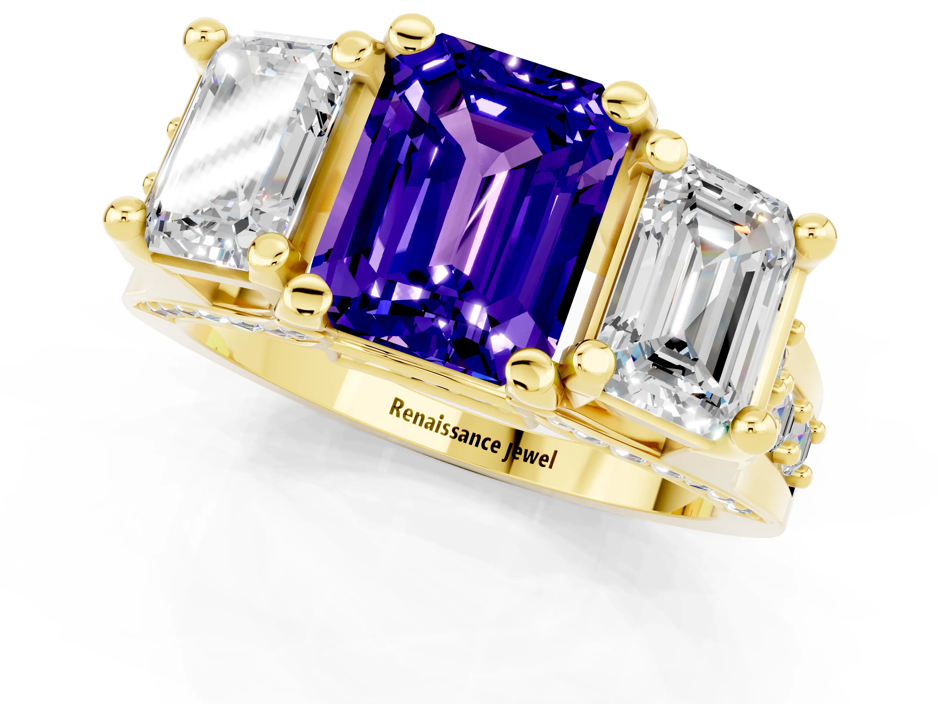 Yellow gold Emerald Cut Tanzanite Three-Stone Ring with Channel Set Band and Four-Prong Setting_1