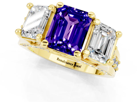 Yellow gold Emerald Cut Tanzanite Three-Stone Ring with Channel Set Band and Four-Prong Setting_1