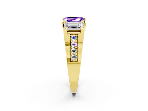 Yellow gold Emerald Cut Tanzanite Three-Stone Ring with Channel Set Band and Four-Prong Setting_2