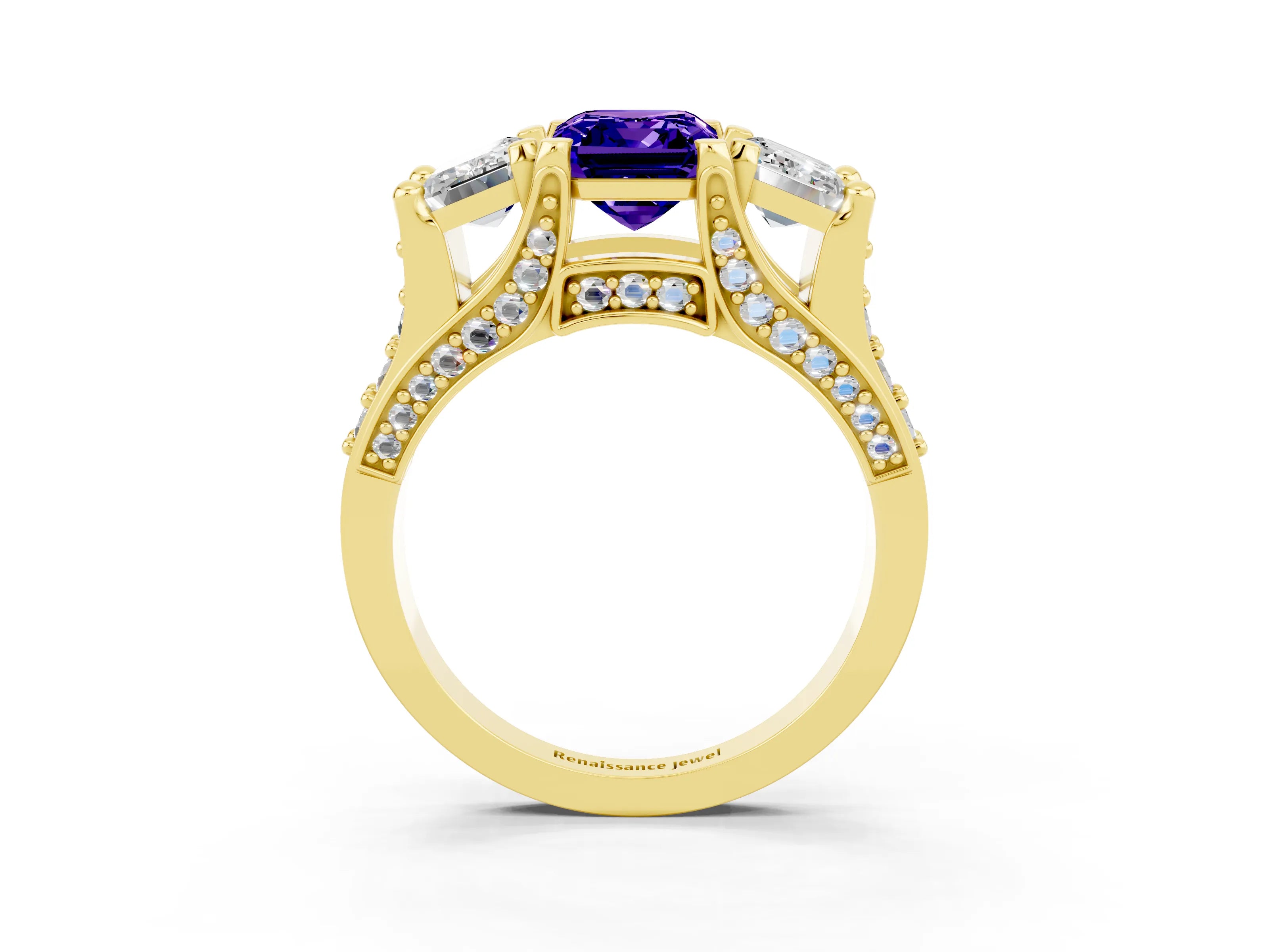 Yellow gold Emerald Cut Tanzanite Three-Stone Ring with Channel Set Band and Four-Prong Setting_3