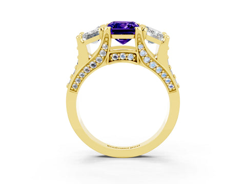 Yellow gold Emerald Cut Tanzanite Three-Stone Ring with Channel Set Band and Four-Prong Setting_3