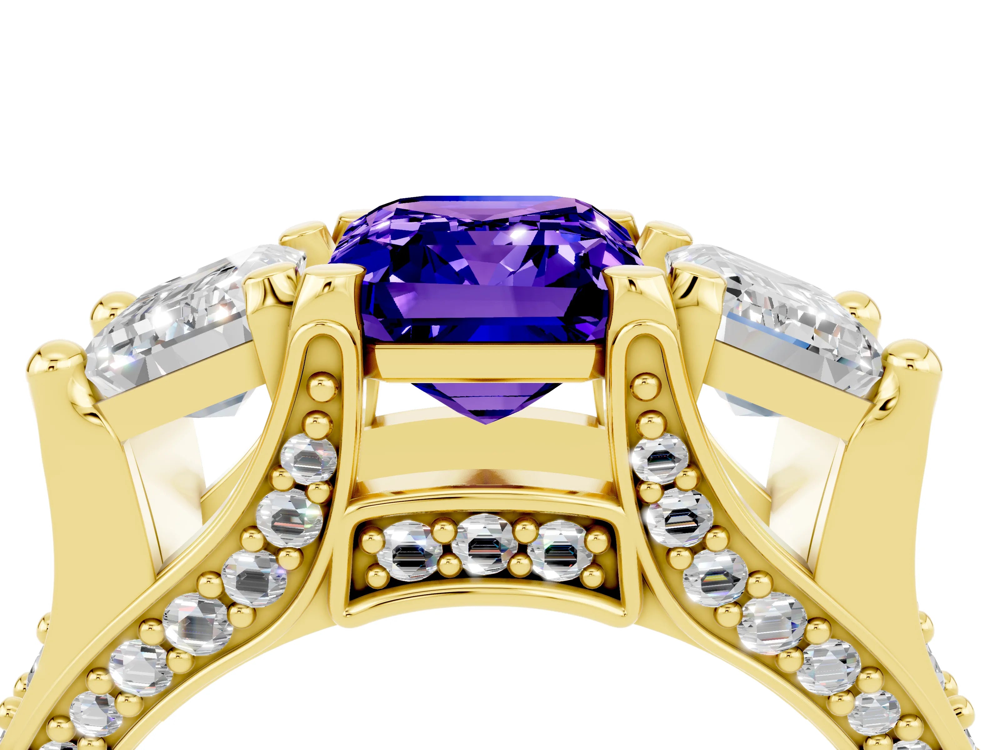 Yellow gold Emerald Cut Tanzanite Three-Stone Ring with Channel Set Band and Four-Prong Setting_4