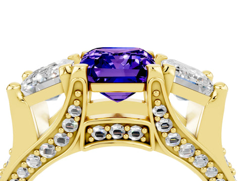 Yellow gold Emerald Cut Tanzanite Three-Stone Ring with Channel Set Band and Four-Prong Setting_4