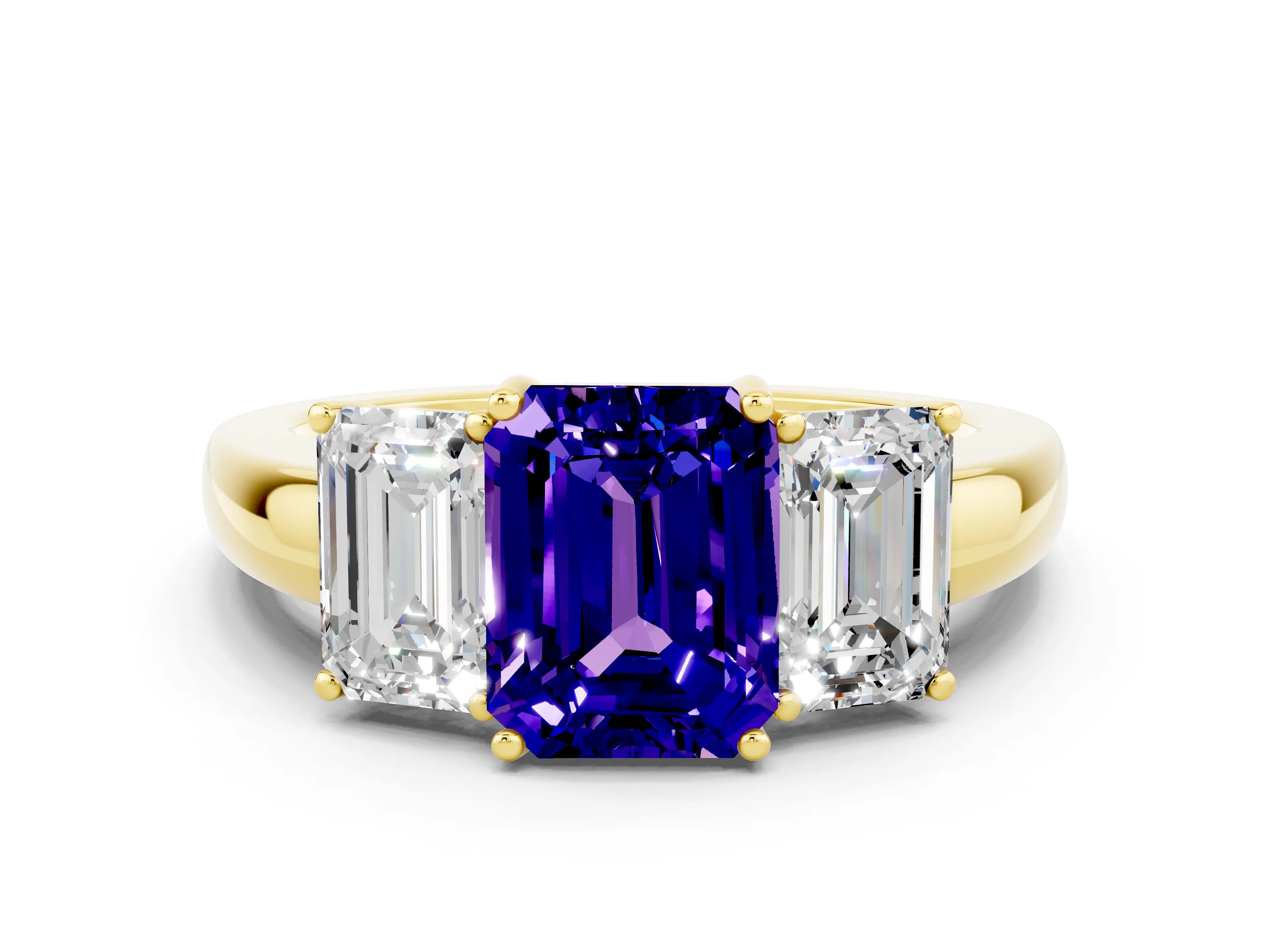 Yellow gold Emerald Cut Tanzanite Three-Stone Ring with Four-Prong Setting and Classic Band