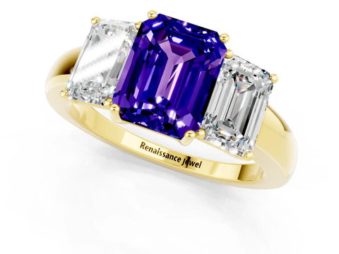 Yellow gold Emerald Cut Tanzanite Three-Stone Ring with Four-Prong Setting and Classic Band_1