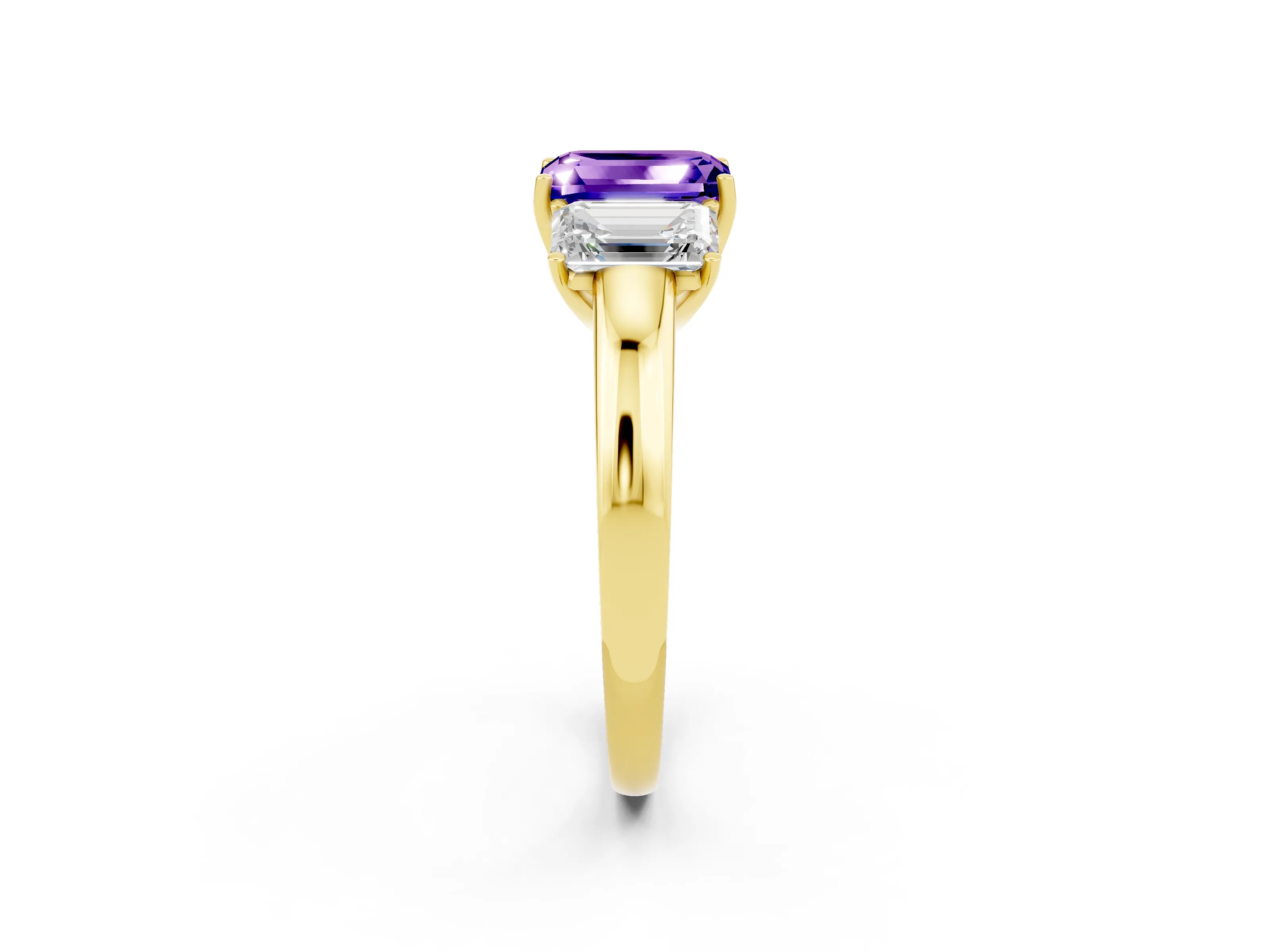 Yellow gold Emerald Cut Tanzanite Three-Stone Ring with Four-Prong Setting and Classic Band_2